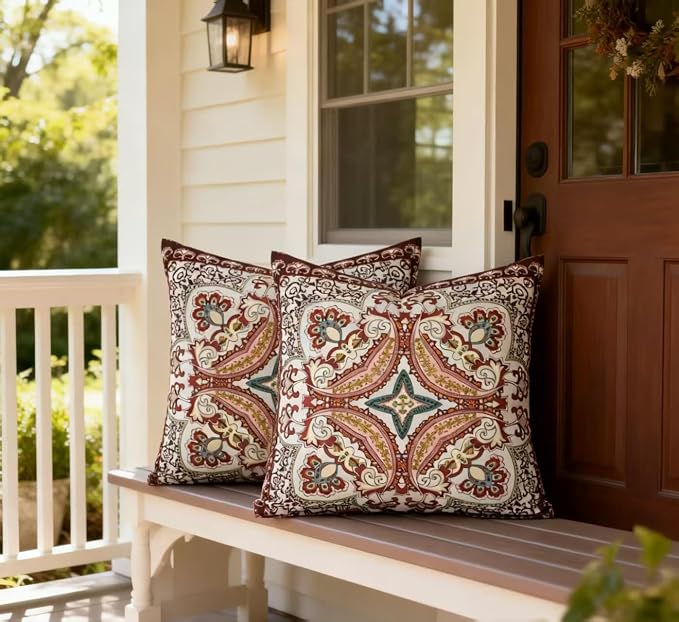 Boho Throw Pillow Covers 18X18 Inch Set of 2 Bohemian Soft Velvet Couch Pillow Cases Farmhouse Decorative Pillow Covers for Sofa Living Room Bedroom Outdoor Patio Porch Crimson Paisley