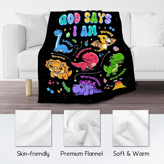God Says I Am Dinosaur Blanket for Boys, Soft Plush Kids Throw Blankets for Living Room, Inspirational Gifts for Son, 60"x80"