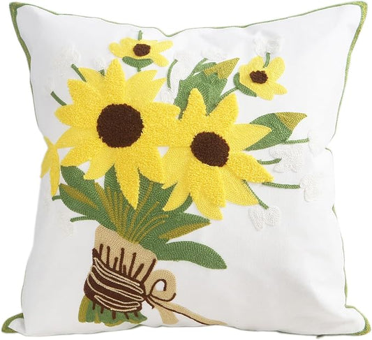 Embroidery Throw Pillow Covers Yellow Floral 18x18 Inch Decorative Cushion Case Tied Sunflowers 100% Cotton Home Decor Embroidered 45x45cm, 1 Piece