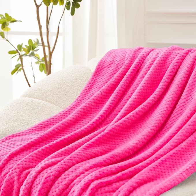 Exclusivo Mezcla Soft Waffle Fleece Bed Blanket Twin XL Size, Hot Pink | Lightweight Plush Blanket for Bed, Couch, Sofa, Cozy Fluffy Design for Bedroom, Guest Room, All Season, 90x66 Inches