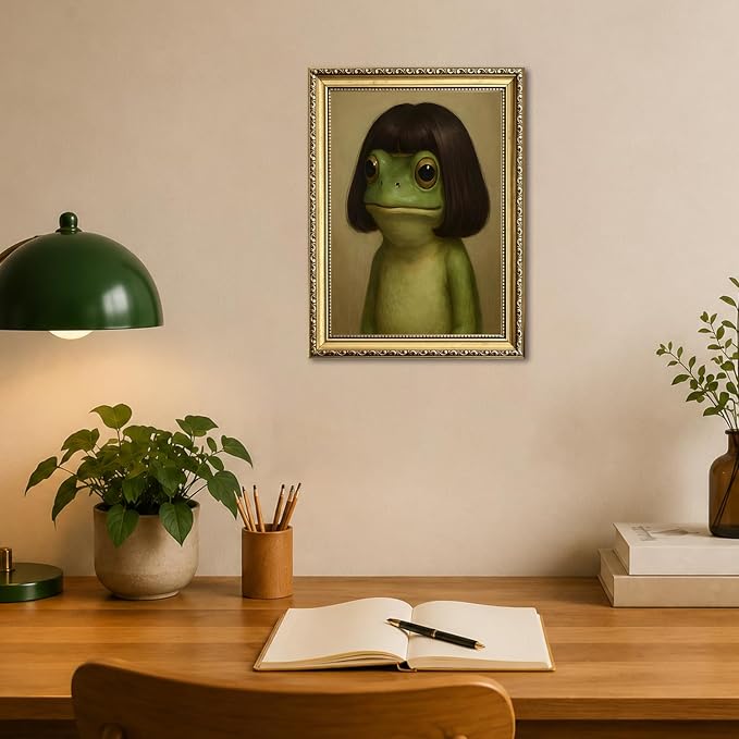 Gold Framed Funny Frog Wall Art, Whimsical Green Frog Wall Decor Painting Cute Animal Poster Canvas Prints Artwork for Living Room Bedroom Bathroom 16x24 inch