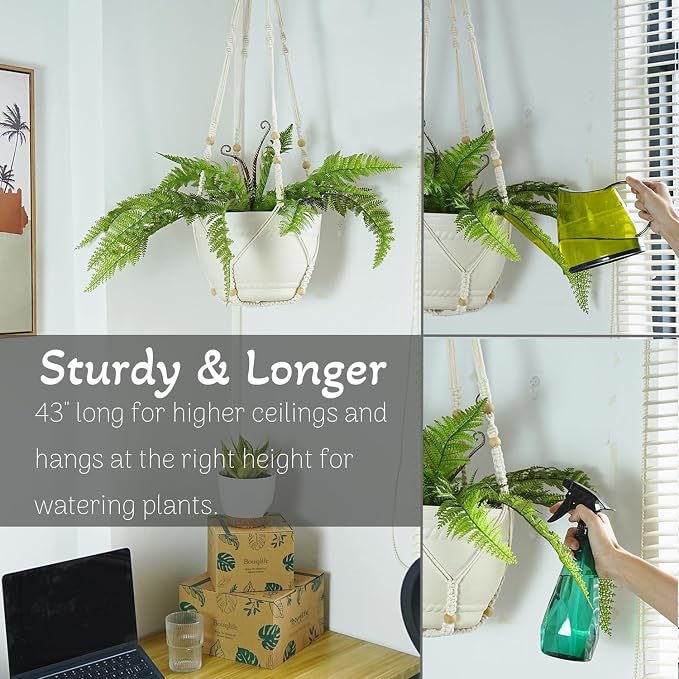 Bouqlife 43 Inches Macrame Plant Hanger Large for 14 inch Pot Extra Long No Tassel Cotton Rope Hanging Plant Holder with Ceiling Hooks Bohemian Home Décor Beige 2Pack