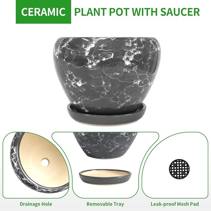 Deep Dream 8 Inch Plant Pots- Ceramic Pots for Plants with Drainage Hole and Saucer, Large Planter Pot for Indoor Plants Outdoor Decor, Gemstone Gray
