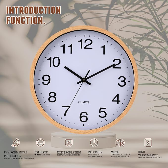 Wall Clock 12 Inch Wooden Frame Glass Cover Non-Ticking Number Quartz Modern Quartz Design Decorative Bedroom Kitchen Office Classroom Light Brown