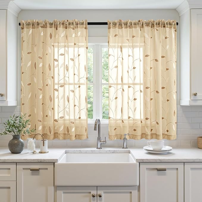 MIULEE Khaki Sheer Curtains 2 Panels Embroidered Leaf Patterned, W52 x L45 | Embroidered Floral Semi Sheer,Rod Pocket,Faux Linen,Short Window Curtains Drapes Set for Kitchen/Bathroom/Cafe
