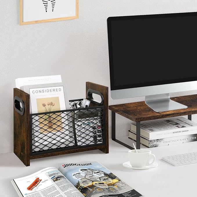 YINMIT Magazine Holder, Small Magazine Rack Floor or Desktop Storage Basket | Wood and Metal Construction, Retro Book Organizer, Compact Magazine File Holder for Desktop, Living Room, Office