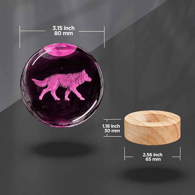 3D Crystal Ball Night Light - 3.15 Inch Wolf Figurine Glass Ball Lamp with 16 Color Changing Wooden Base - Ideal Gifts for Friends, Kids, Christmas, Birthday