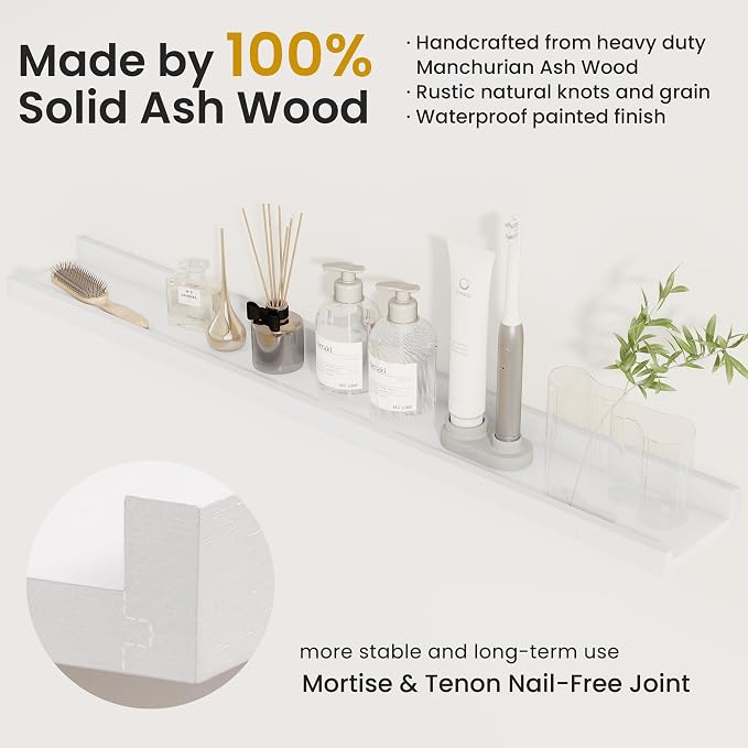 Acovy Solid Ash Wood Picture Ledge Shelf, 36 Inch, White, Set of 2