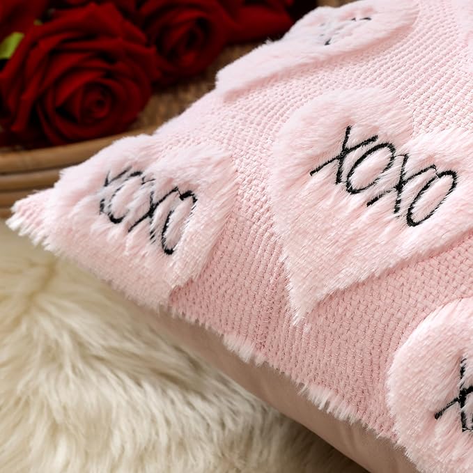 Artscope Valentines Pillow Covers 18x18 Set of 2 Decorative Love Heart XOXO Valentine's Day Throw Pillow Cases Soft Plush Faux Fur Couch Cushion Case for Holiday Sofa Bed Room Home Decor-Pink XOXO