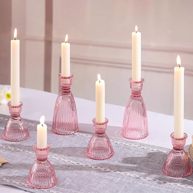 Pink Candle Holder Set of 6-4pcs 3.5"& 2pcs 6" Assorted Glass Pink Candlesticks Holder for Wedding Decor, Ribbed Taper Candle Holders Bulk for Bridal Shower, Home Table Centerpieces