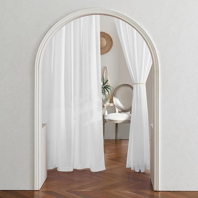 RYB HOME Linen Sheer Curtains 2 Panels for Living Room, Semi Transparent Privacy Drapes with Rod Pocket Farmhouse Style Window Treatments for Bedroom, White, 38" W x 63" L