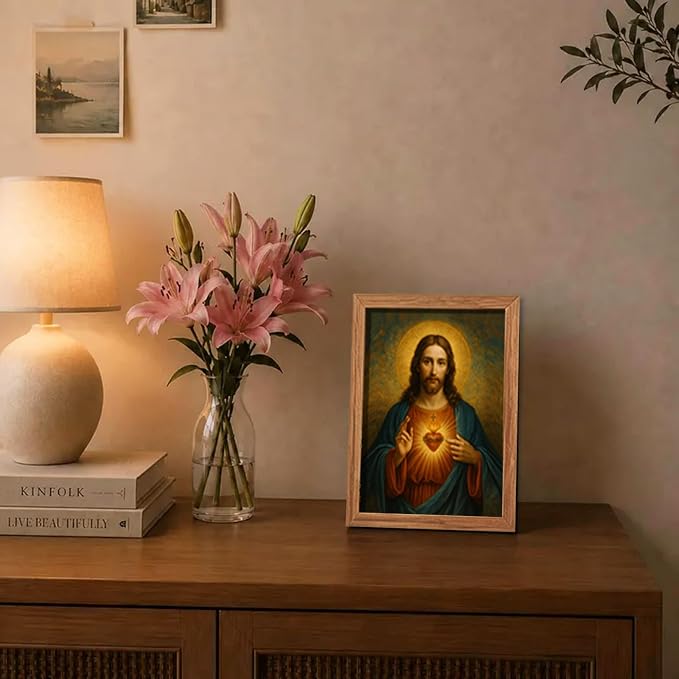 AUUAUU Sacred Heart of Jesus Wall Art Christian Canvas Painting 8x10 Inches | Wooden Framed Religious Spiritual Picture Print Artwork Christmas Wall Decor for Living Room Bedroom Ready to Hang