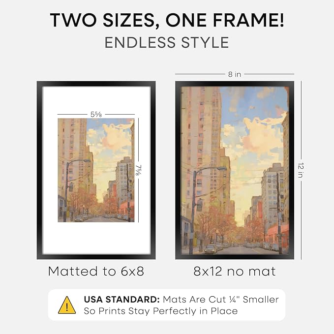 Homeforia 8x12 Black Picture Frame, High-End Metal, 6x8 Mat, Glass