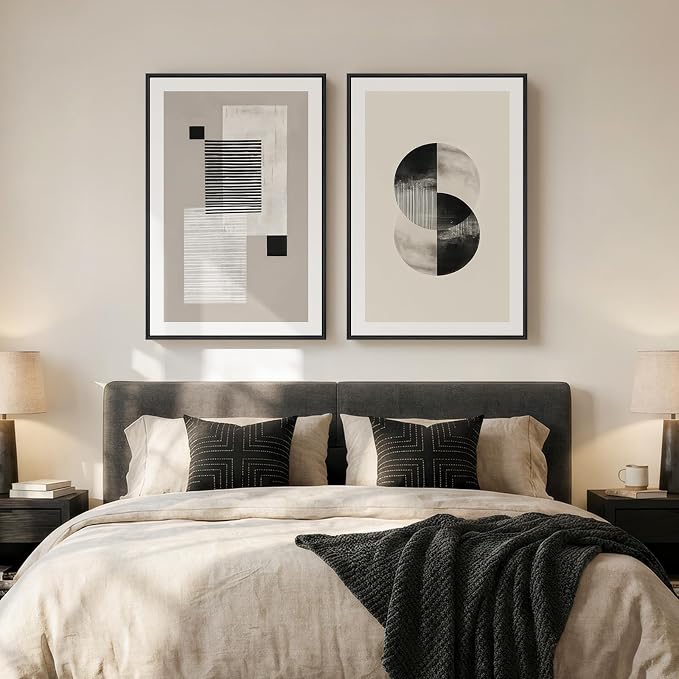 Large Framed Neutral Abstract Wall Art for Living Room Set of 2, 24x36 In | Geometric, Canvas prints, Modern paintings, Black and White, Beige, Minimalist pictures, Wood frame, Bedroom wall decor