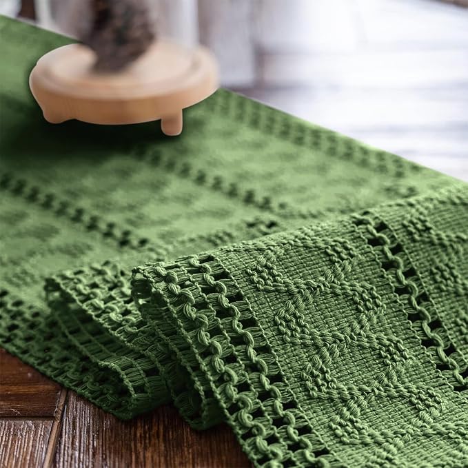 Macrame Table Runner Green Boho Table Runners with Tassels 12x48in | Alynsehom Hand Woven Cotton Table Runner Rustic Farmhouse Table Runners for Bohemian Kitchen Dining Table