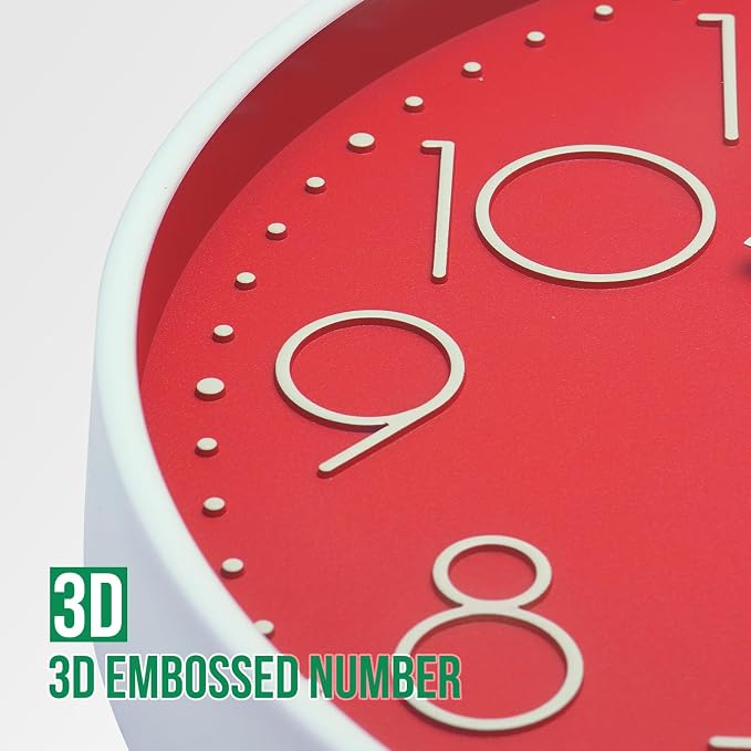 Wall Clock 10 Inch Non-Ticking Silent Modern Simple Style Round Decor Clock Red Stereoscopic Dial Quartz Wall Clocks for Home/Office/School/Living Room/Bedroom/Kitchen