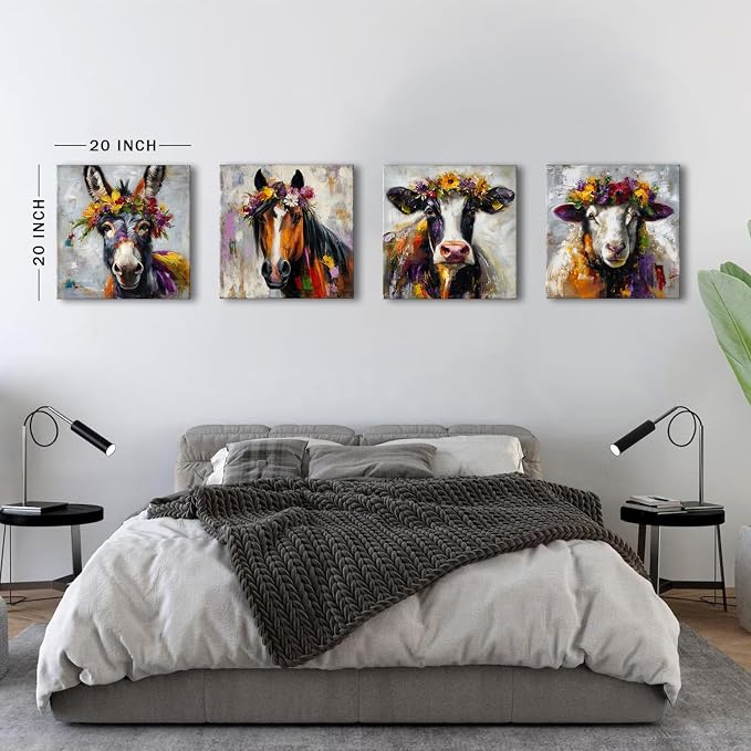 Set of 4 Farmhouse Animal Canvas Wall Art Dinner Room Decoration Abstract Colorful Cow Donkey Horse Sheep Wall Decor 20x20”, Large Vintage Farm Animals Theme Posters Paintings Countryside Artwork