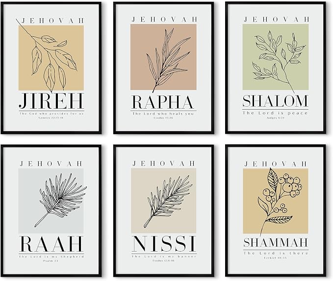 Bible Wall Art Print Set of 6 Christian Scripture Wall Art Decor Jehovah Jireh Rapha Shalom Shammah Nissi Raah Wall Art Bible Verse Poster Modern Minimalist for Living Room Bedroom 8x10 Inch UNFRAMED