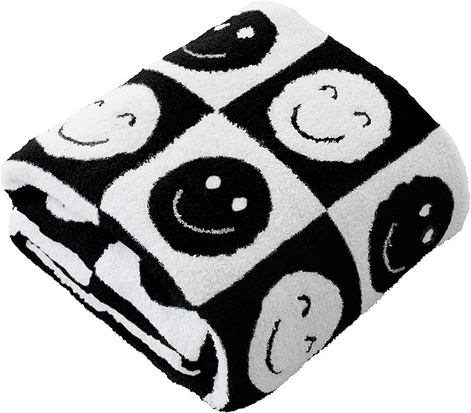 Ultra Soft Cozy Happy Smiling Face Checkered Knitted Baby Blanket Fluffy Microfiber Checkerboard Bed Blanket Lightweight Both Sides for Couch Sofa Bed (Smile, Baby 30"x40")
