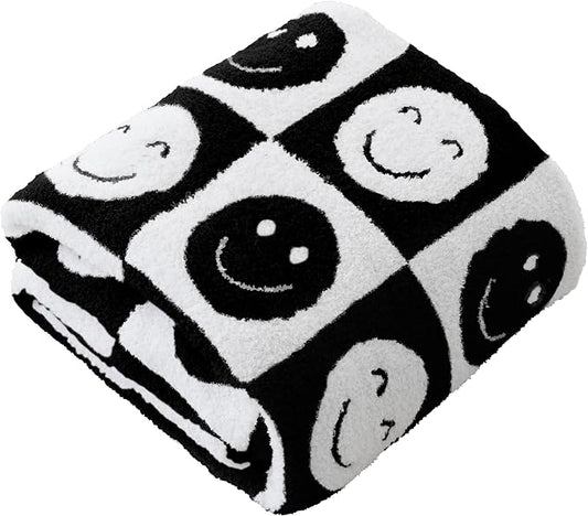 Ultra Soft Cozy Happy Smiling Face Checkered Knitted Throw Blanket Fluffy Microfiber Checkerboard Bed Blanket Lightweight Both Sides Blanket for Couch Sofa Bed (Smile, Throw 50“x60”)