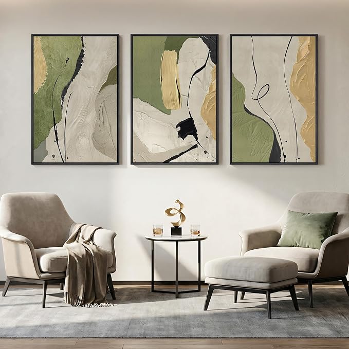 Large Framed Sage Green Abstract Wall Art for Living Room, 3 Piece 24x36 In | Gray yellow minimalist pictures, Canvas prints, Modern painting, Artwork for walls, Wall decor for bedroom dining room office