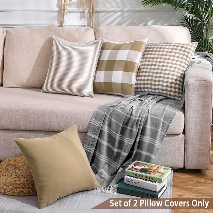 CARRIE HOME Modern Farmhouse Decor Brown Buffalo Plaid 20x20 Pillow Covers Set of 4, 20 x 20 Brown Throw Pillow Cover, Khaki Buffalo Check Decorative Cushion Pillows for Bedroom and Living Room