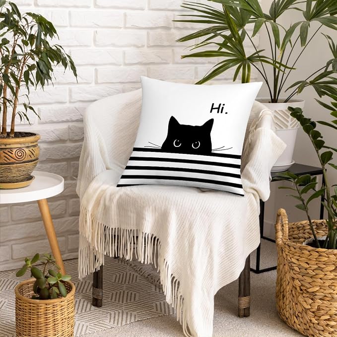 Fokongna Hi Cute Black Cat PatternPillow Covers for Couch Home Bedroom Living Room 18 x 18 Inch Pillow Covers