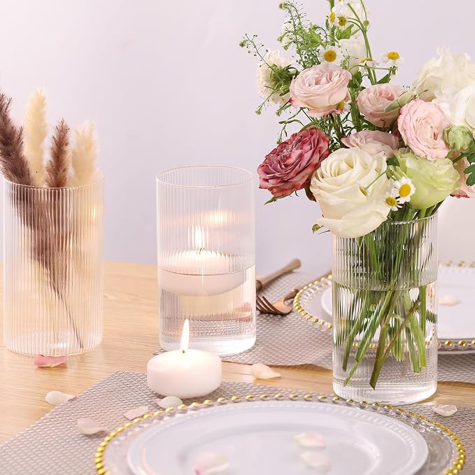 6 Inch Clear Glass Ribbed Cylinder Vases for Centerpieces, Pack of 6 | Flower Vases for Wedding & Home Decor, Hurricane Floating Candle Holders for Table & Shelf & Party