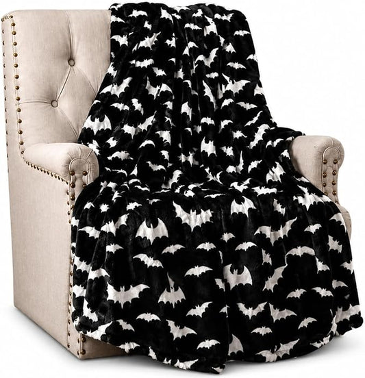 Halloween Fleece Throw Blanket, Silver White Bats on Black, Oversized 50x70 | Ultra-soft cozy flannel fleece, for sofa couch bed chair & dorms, spooky Halloween décor, durable and machine washable.