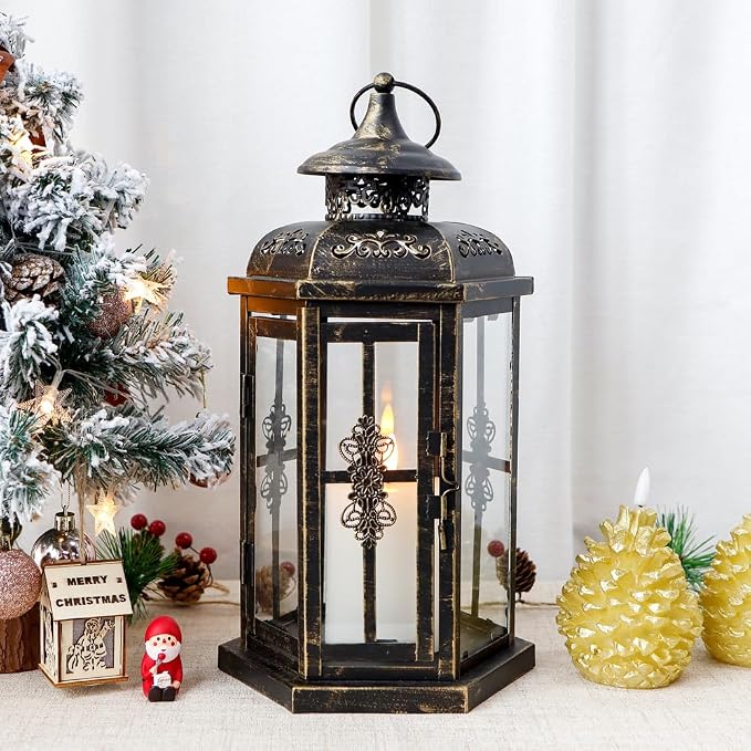 JHY DESIGN Medium Decorative Lanterns 12“H Outdoor Candle Lanterns Vintage Metal Candle Holder for Indoor Outdoor, Events, Parities and Weddings(Black with Gold Brush)