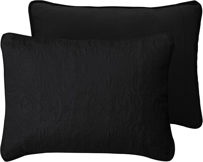 Easy-Going Reversible Quilt Set King, Bedspread with 2 Shams | Damask-Black/Beige, Lightweight Microfiber Bed Comforter, 1 Quilt + 2 Pillow Shams, All-Season Coverlets for Bedroom