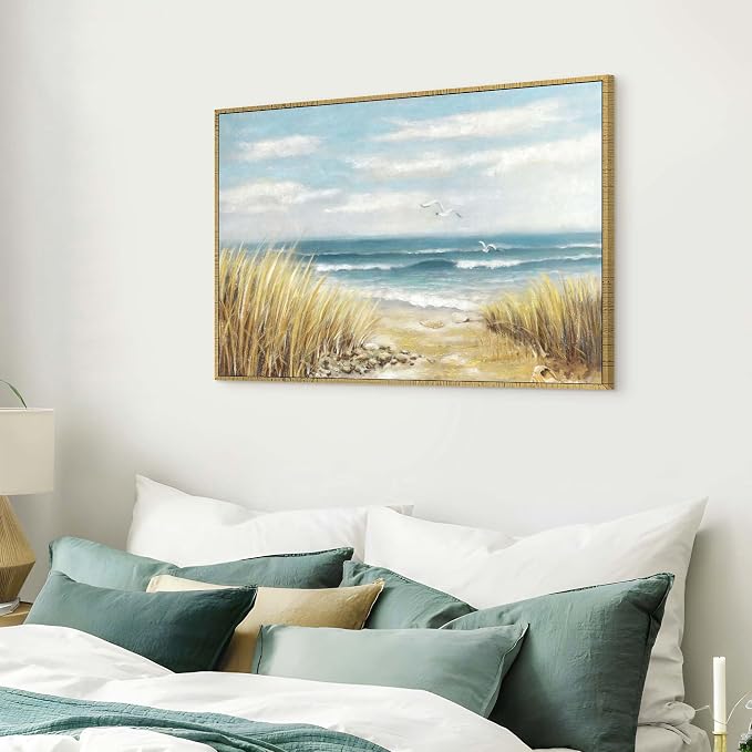 Beach Canvas Picture Wall Art: Large Ocean Sea Framed Painting Coastal Seascape Waves Artwork Decor Abstract Seaside Seashore Seagull Print for Office Living Room Bedroom 45 x 30 Inches