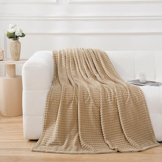 Puncuntex Fleece Throw Blanket Khaki 50"×60" with Square Grid Design | Super Soft Plush Cozy Flannel Throw Blanket Luxury for Couch Sofa Chair
