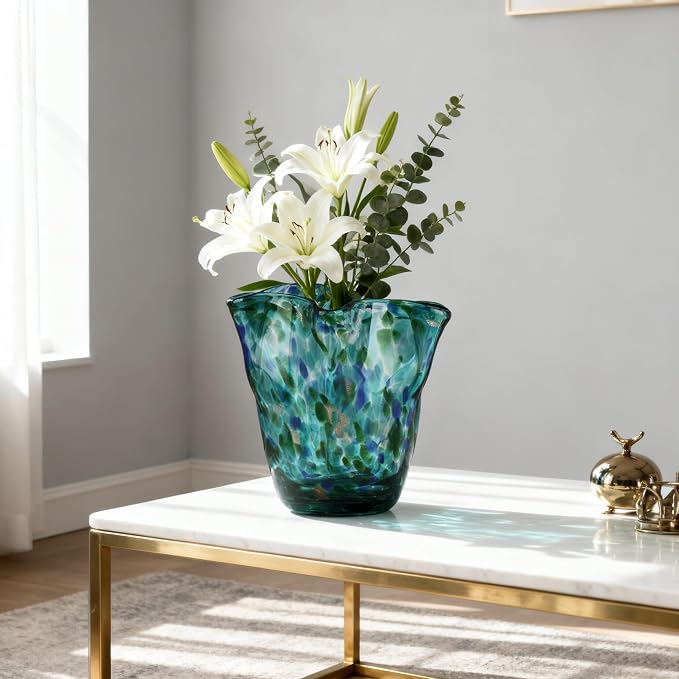 Hand Blown Glass vase, Green Wide-Mouth Petal-Shaped vase, Modern Glass Art Decoration, Ideal for Living Rooms, Kitchens, Weddings, Dining Tables, and Office Centerpiece Floral Arrangements.
