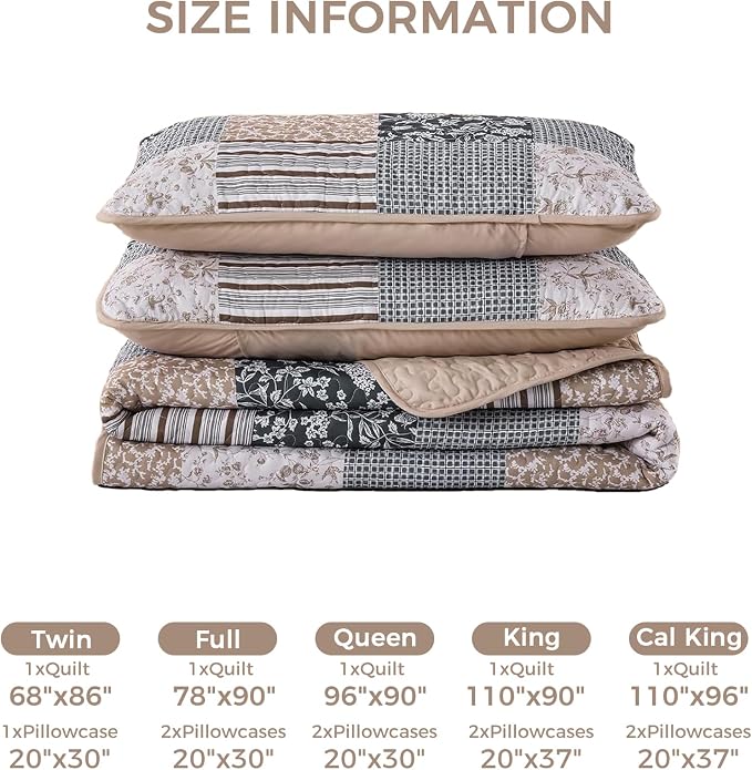 Mybedsoul Boho Quilt King Size, Patchwork Bedding Set, Blue Brown | Soft Lightweight Microfiber Floral Coverlet Set, 3 Pieces Plaid Bedspread, Bed Sets for All Seasons 90"x110"