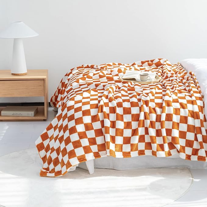 LOMAO Throw Blankets Flannel Blanket with Checkerboard Grid Pattern Soft Throw Blanket for Couch, Bed, Sofa Luxurious Warm and Cozy for All Seasons (Orange, 90"x110")