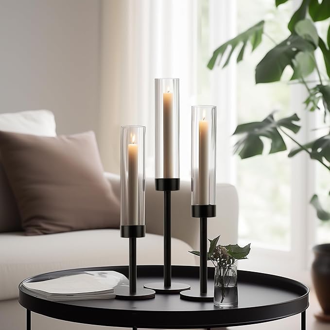 Black Hurricane Candle Holders, Set of 6 Glass Taper Candlestick Holders Metal Candle Stands Bulk with Glass Cover for Dining Tables Wedding Candelabra Centerpieces Decor