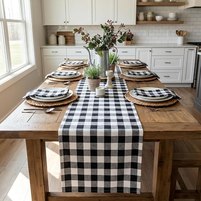 ShinyBeauty Black and White Checkered Table Runner, 13x108, for Dining | Farmhouse Style, Soft Cotton Fabric, Buffalo Plaid Gingham Pattern, 108 Inch Long for Party Picnic Decor 6-8 Person Table