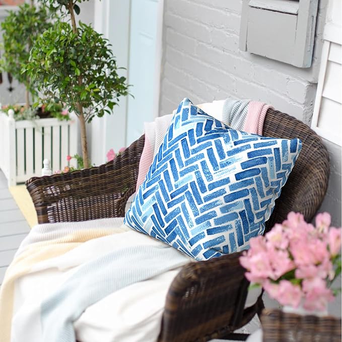 Outdoor Pillow Covers for Patio Furniture 20x20 Inch, Decorative Patio Throw Pillow Covers Set of 2, Modern Square Cushion Cases for Porch Garden Home Office, Blue Bricks