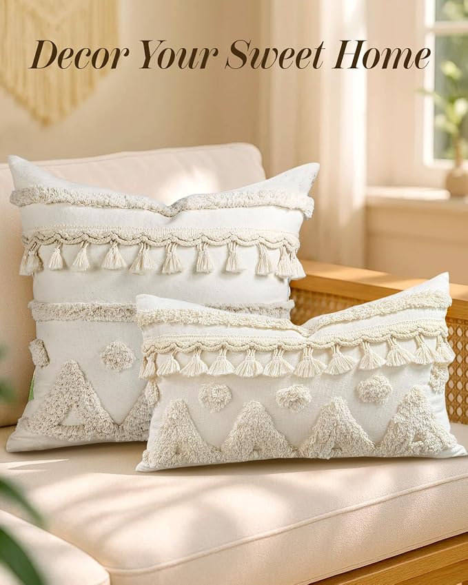 Lumbar Pillow Covers 12x20 - Tufted Boho Decorative Throw Pillow Cover with Zipper for Couch Sofa Bed Living Room Soft Aesthetic Farmhouse Textured Striped Oblong Pillowcase, Cream Tassel