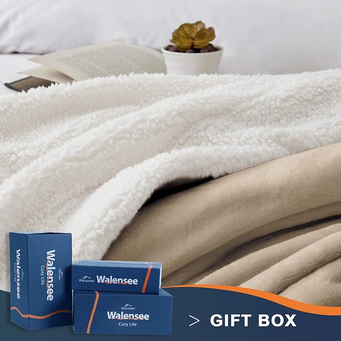 Walensee Sherpa Fleece Blanket (Queen Size 90”x90” Camel) Plush Throw Fuzzy Super Soft Reversible Microfiber Flannel Blankets for Couch, Bed, Sofa Ultra Luxurious Warm and Cozy for All Seasons