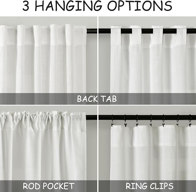 Ivory Linen Back Tab Curtains 94 Inch Length for Living Room 2 Panel Set Neutral Modern Farmhouse Window Curtain Privacy Semi Sheer Linen Drapes Rustic Pinch Pleated Look Curtain