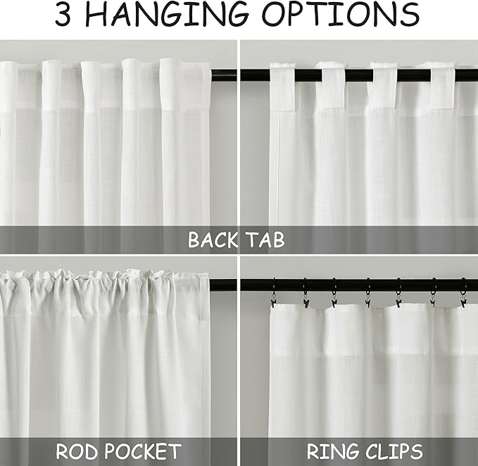 Ivory Linen Curtains 108 Inches Long 2 Panels Set Back Tab Rod Pocket Semi Sheer Cotton Textured Light Filtering Extra Long Curtain Farmhouse High Ceiling Curtains for Living Room 9Ft 40x108