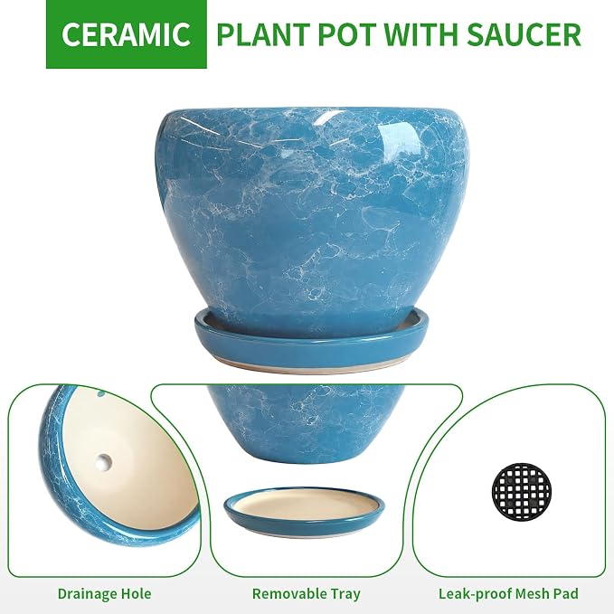 Deep Dream 8 Inch Plant Pots- Ceramic Pots for Plants with Drainage Hole and Saucer, Large Planter Pot for Indoor Plants Outdoor Decor, Gemstone Blue