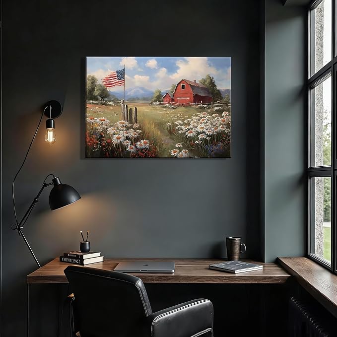 Made in USA Patriotic Red Barn American Flag Wall Art, 4th of July Farm Canvas Prints for Living Room, Rustic Wildflower Framed Artwork for Home Wall Decor, Independence Day Decor