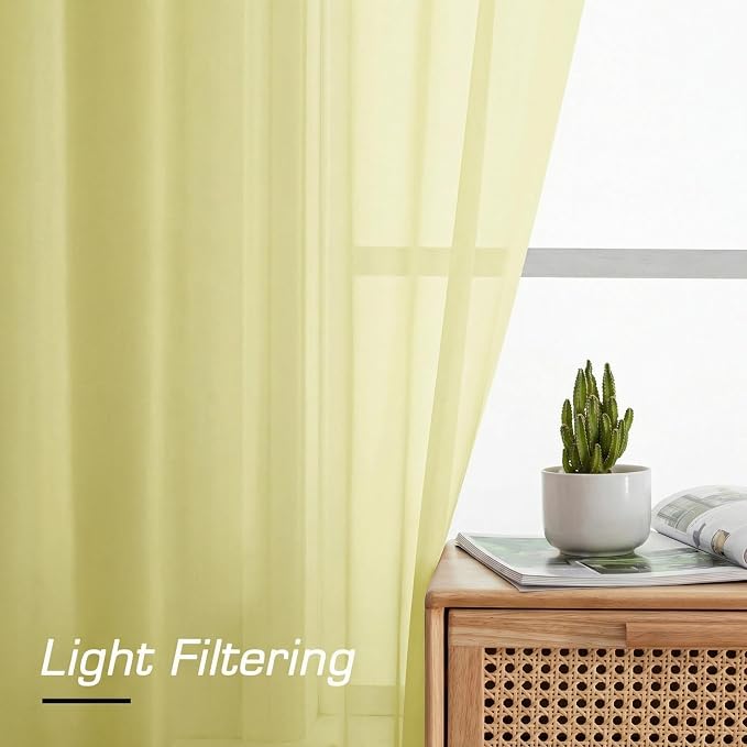 Simplebrand Light Yellow Short Sheer Curtains 45 Inch Length for Small Windows, Rod Pocket 2 Panels Set Solid Voile Drapes Window Sheer Curtains for Bedroom Bathroom Kids Room Kitchen, 42x45 Inch