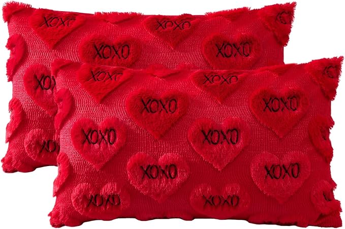 Artscope Valentines Pillow Covers 12x20 Set of 2 Decorative Love Heart XOXO Valentine's Day Throw Pillow Cases Soft Plush Faux Fur Couch Cushion Case for Holiday Sofa Bed Room Home Decor-Red XOXO