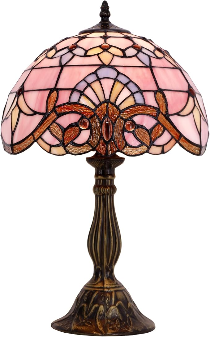 WERFACTORY Tiffany Lamp Bedside Pink Stained Glass Table Lamp 18 Inch Tall