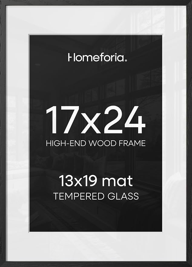 Homeforia 17x24 Black Oak Picture Frame, High-End Wood, 13x19 Mat, Glass