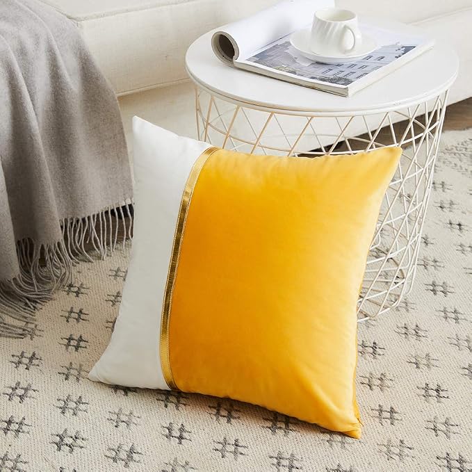 Fancy Homi 2 Packs Yellow Decorative Throw Pillow Covers 18x18 Inch for Living Room Couch Bed, Yellow and White Velvet Patchwork with Gold Leather, Luxury Modern Accent Square Cushion Case 45x45 cm